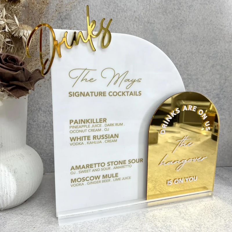Table Number Gold - Benutzerdefiniertes Barmenü mit 3D-Ausschnitt. Hochzeits-Signatur-Cocktails-Schild, goldener