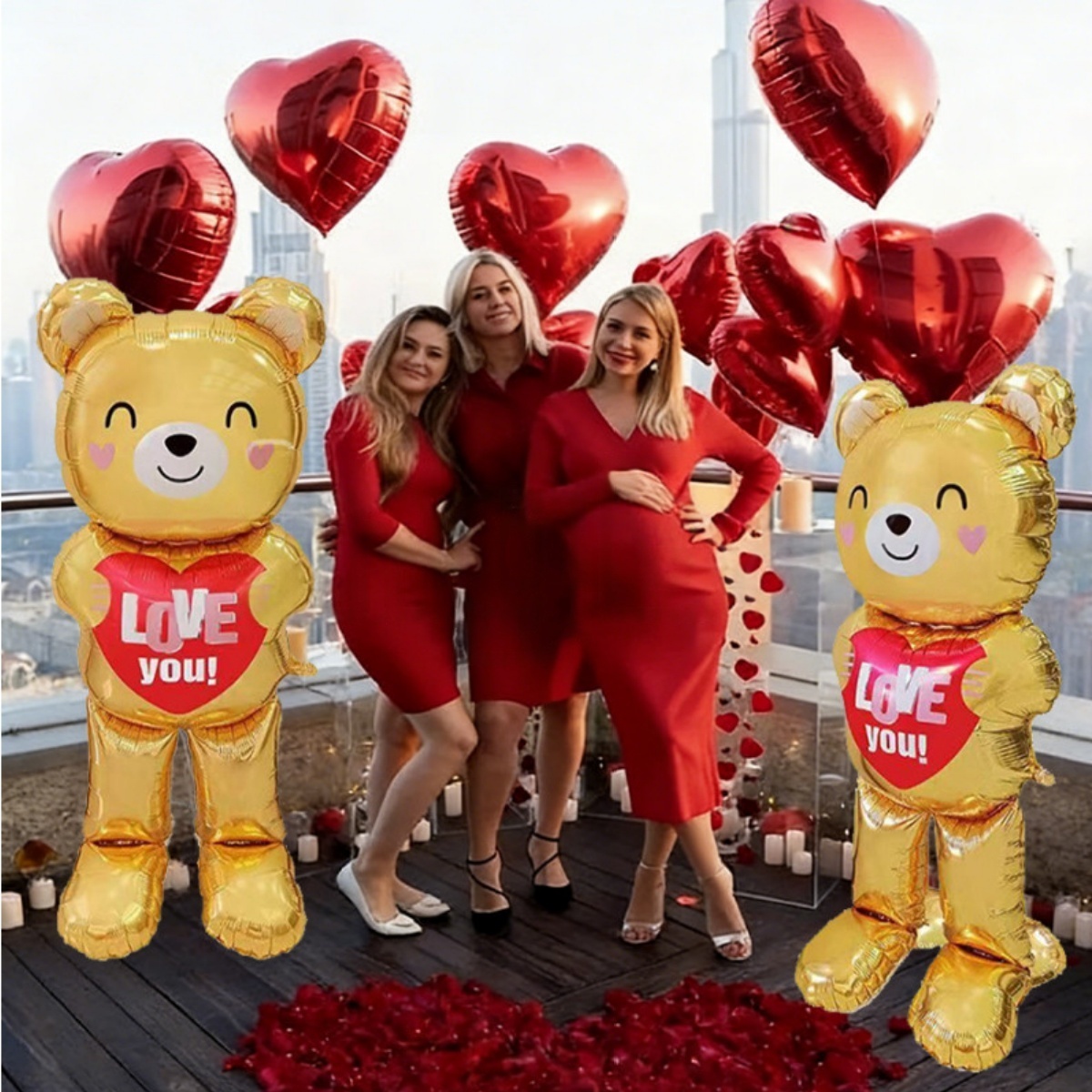 Confetti Balloon Set - Großer 60 Zoll stehender Herz-Bär-Ballon, Valentinstag,